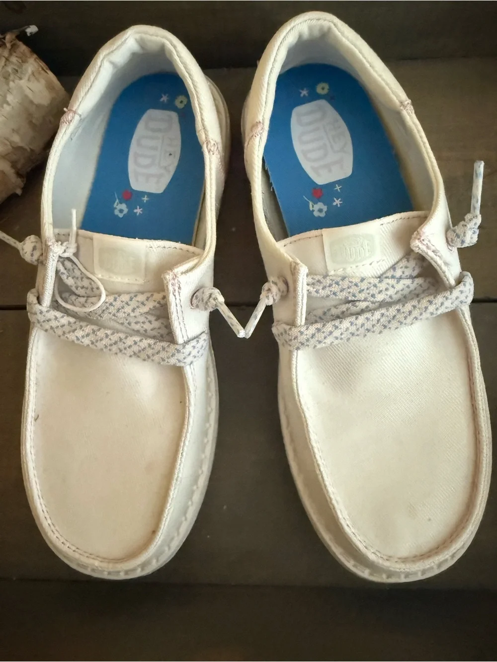 Hey Dude White Canvas Slip-On Boat Shoes with Patterned Laces Size 3